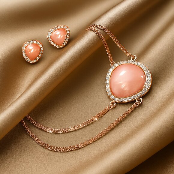 Rose Gold tone & Peach Stone Pendant Necklace & Matching Earrings Jewelry Set - Picture 1 of 8